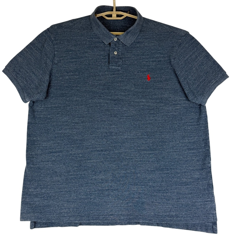 Polo Ralph Lauren Mens XXL Custom Fit Blue Heather Polo Shirt Red Pony Cotton